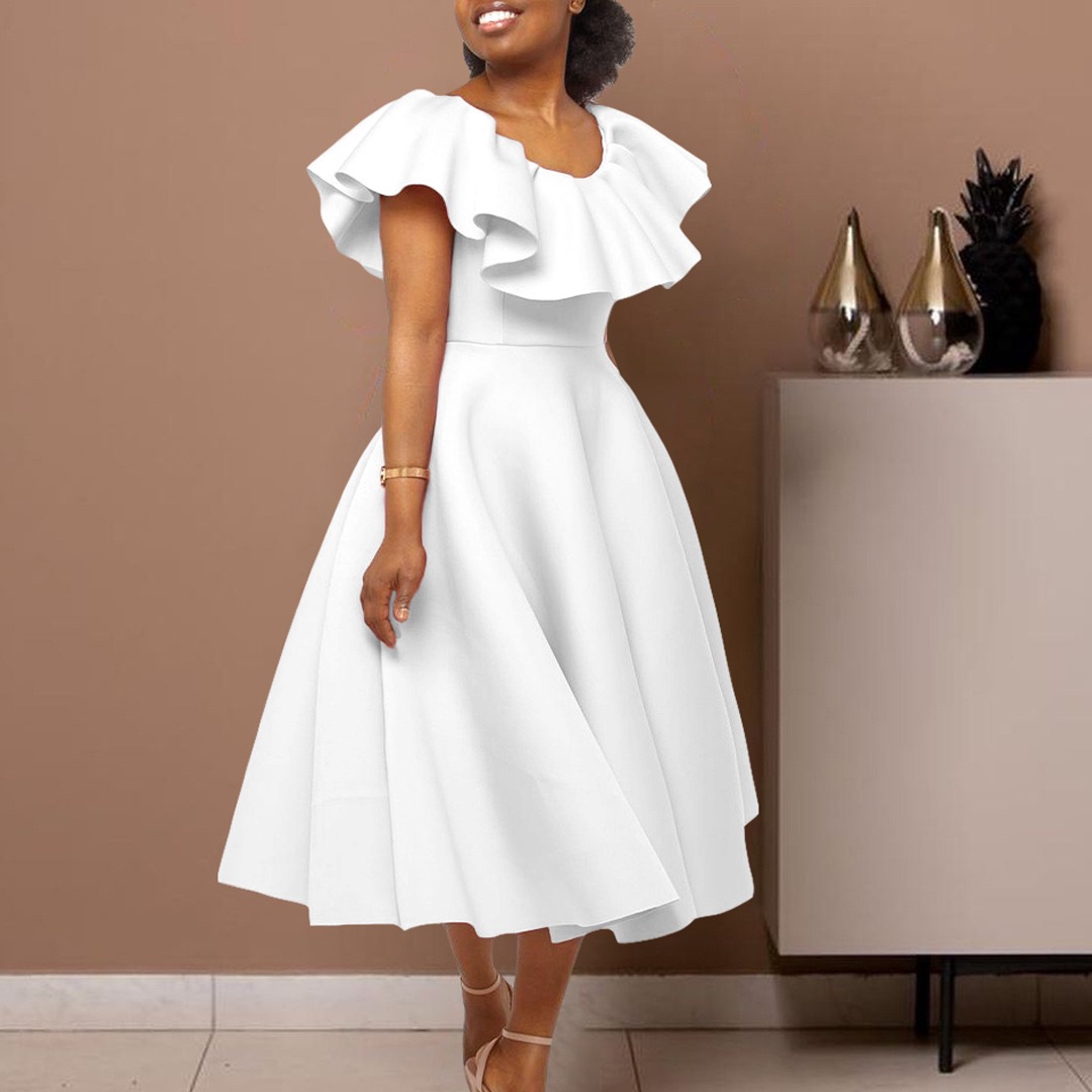 Robes de soirée élégantes pour femmes, col rond, manches à volants, taille haute, ligne A plissée, mi-mollet, robe de luxe pour dîner d'anniversaire: S / WHITE