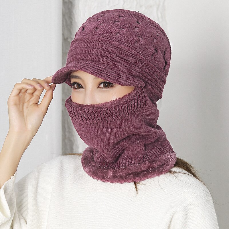 Wintermütze mit schal, gestrickt, für damen, ältere damen, warme sturmhaube, dicke oma-mütze mit krempe, muttermütze