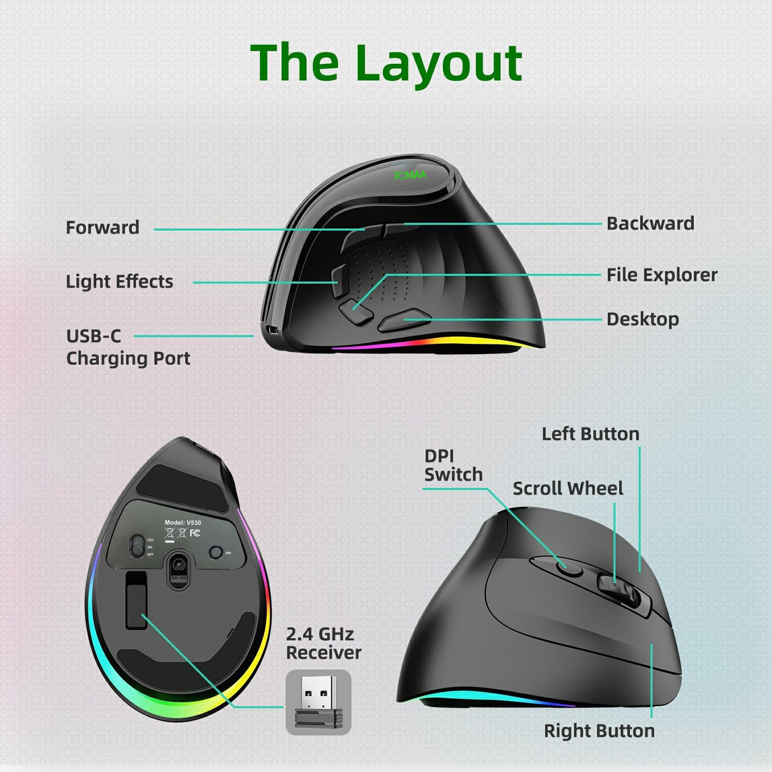 2.4G Dual Modes Ergonomic Vertical Wireless Mouse 4000 DPI 9 Buttons RGB Backlit Rechargeable Wireless Silent Mouse for Desktop