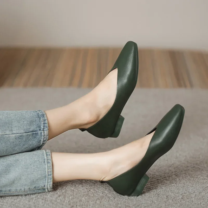 Echt leer Meerkleurige damesschoenen met lage hakken Ronde neus Platte bodem Ondiep gesneden enkele schoen Casual veelzijdige loafers: green / 41