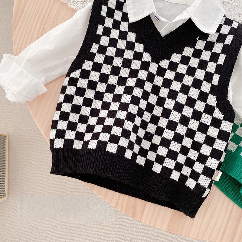Ropa para niños 1160B, chaleco de punto a cuadros con cuello en V, suéter informal bonito para niño, Tops a cuadros para niña 2022