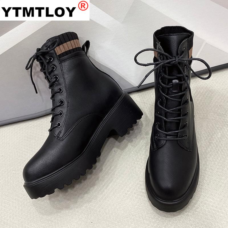 Novo preto branco chelsea botas femininas de couro de fundo grosso botas femininas plataforma dedo do pé redondo quente motocicleta ankle boots para mulher