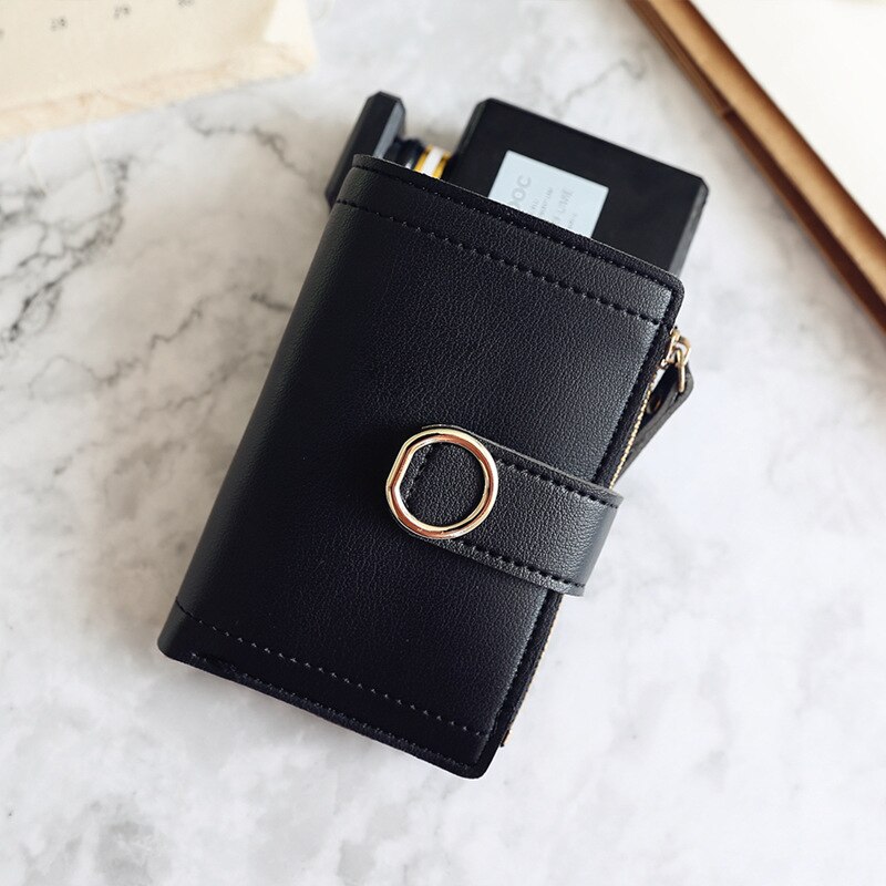 Wallet Leather Women Wallet Long Pu Leather Purse Zipper Metal Circle Decor Wallets Female Hasp Coin Purse Clutch Black: Short-Black