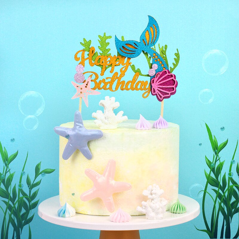 Mermaid Happy Birthday Cake Topper 1st Birthday Baby Shower Little Mermaid Cupcake Decor Happy Birthday Party Decor Kids Girl