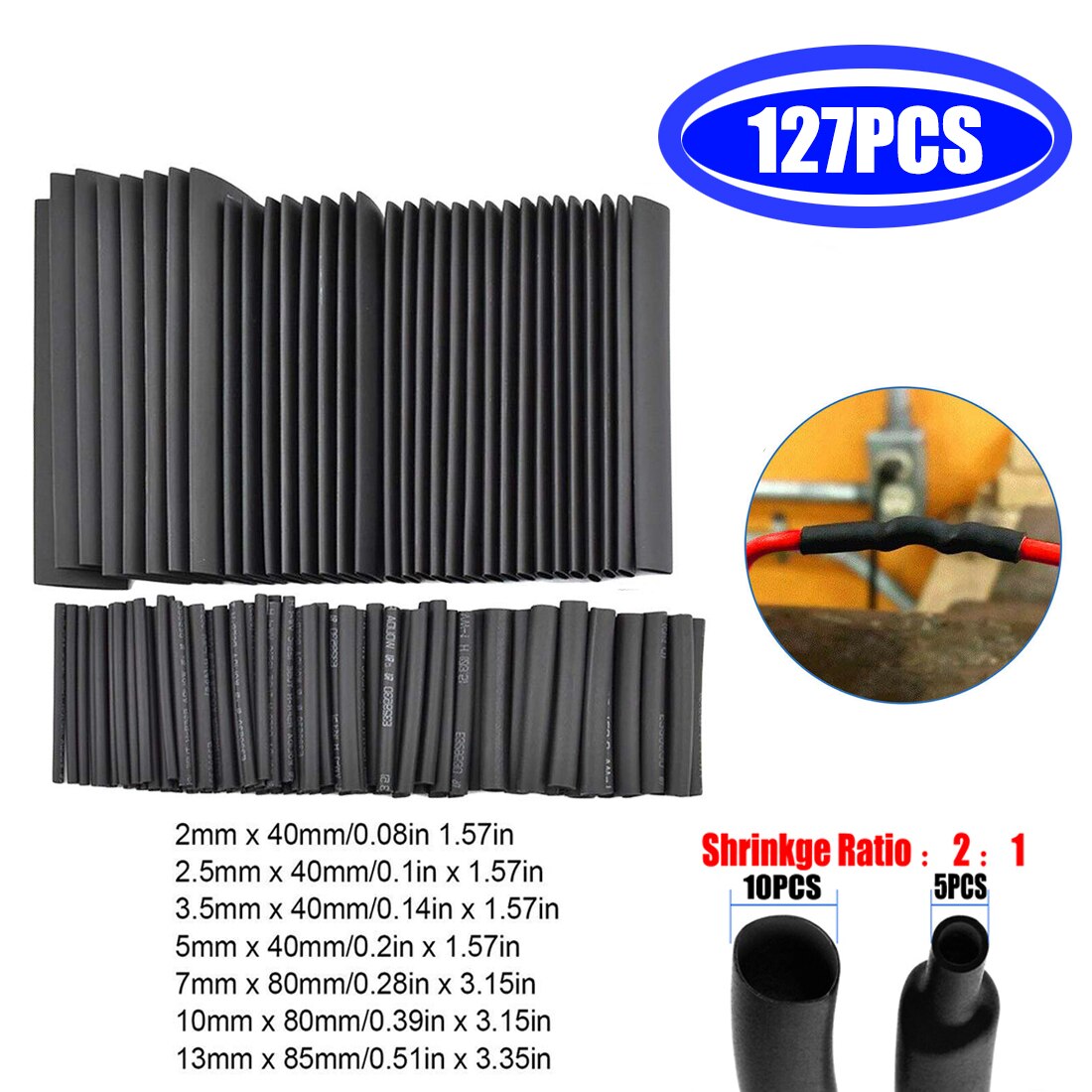 127 Pcs Heat Shrink Sleeving Tube Tube Assortment Kit Electrical Connection Electrical Wire Wrap Cable Waterproof Shrinkage 2:1