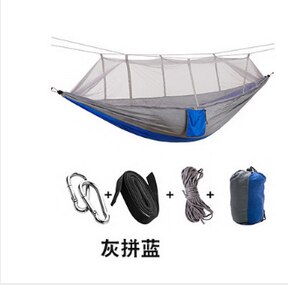 Dubbele Outdoor Persoon Reizen Camping Opknoping Hangmat Bed W/Klamboe Set: Blue