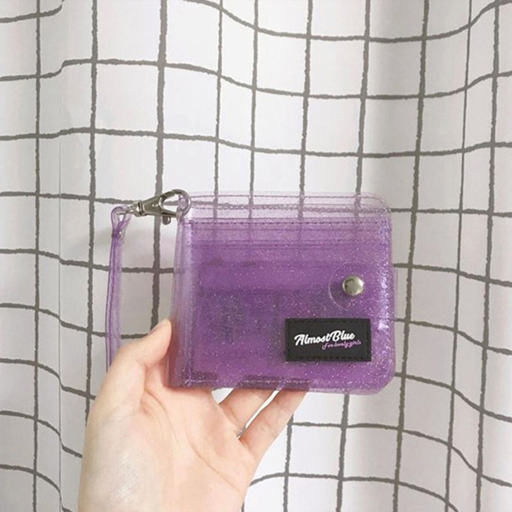 Genomskinlig id-korthållare pvc vikbar kort plånbok högklassig kvinnor flicka glitter visitkort fodral handväska med snodd