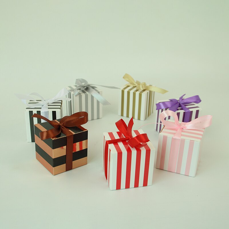 10Pcst Stripe Pattern Candy Boxes Sweets Favor Box With Ribbon For Baby Shower Birthday Children's day Wedding Party Decor