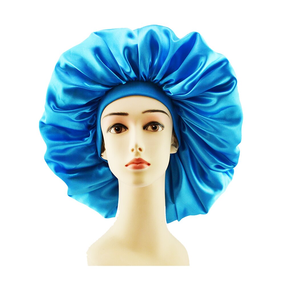 Big Size Satin Silk Bonnet Sleep Night Cap Head Cover Bonnet Hat For Curly Springy Hair: Blue