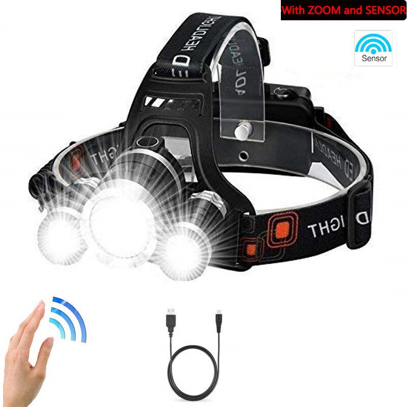 6000 Lumen 3 Leds Koplamp Vissen Koplamp T6 4Modes Draagbare Zoomable Waterdichte Headtorch Camping Wandelen Met Usb-kabel: Package B