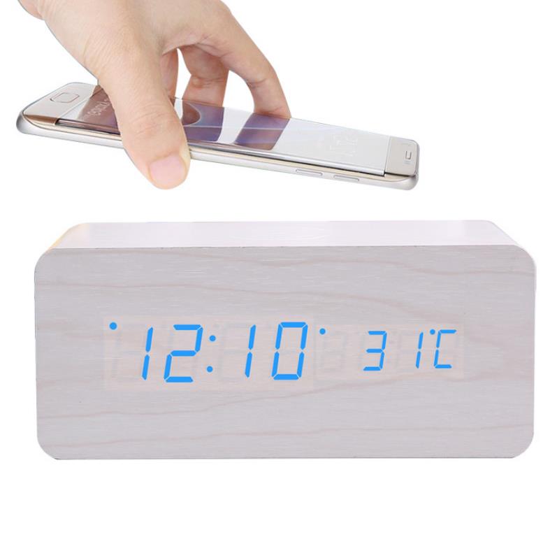 Moderne Houten Hout Digitale Led Desk Wekker Thermometer Qi Draadloze Oplader Bureau Tafel Klokken: WHITE
