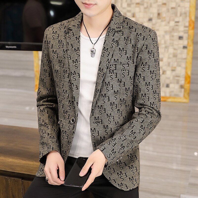 Full Print Blazers for Men Autumn Winter Casual Suit Jacket Slim Wedding Business Dress Coat Street Wear Social Blazer Masculino