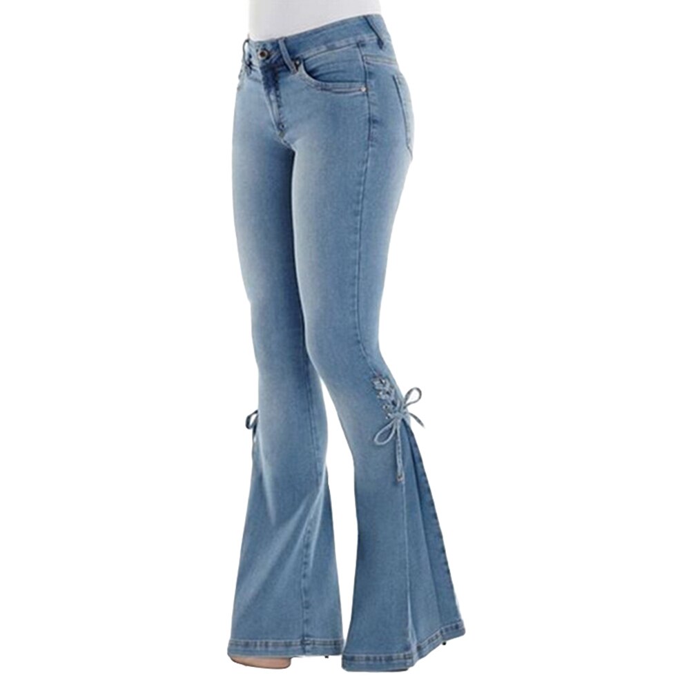 Grande taille Denim pantalon femmes Vintage Flare jean à lacets noeud maigre jambe large Denim pantalon Flare jean à lacets nœud jean moulant: Dark Blue / XXXXL