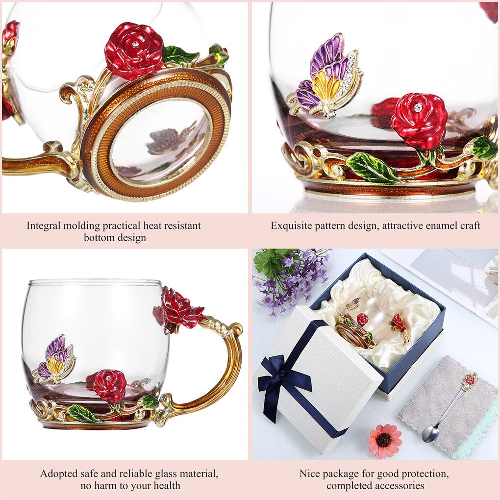 FenKicyen Enamel Glass Cup Red Blue Rose Flower Coffee Cup Wine Cocktail Glasses Tea Mug With Spoon For Lover 320-350ml 1pc