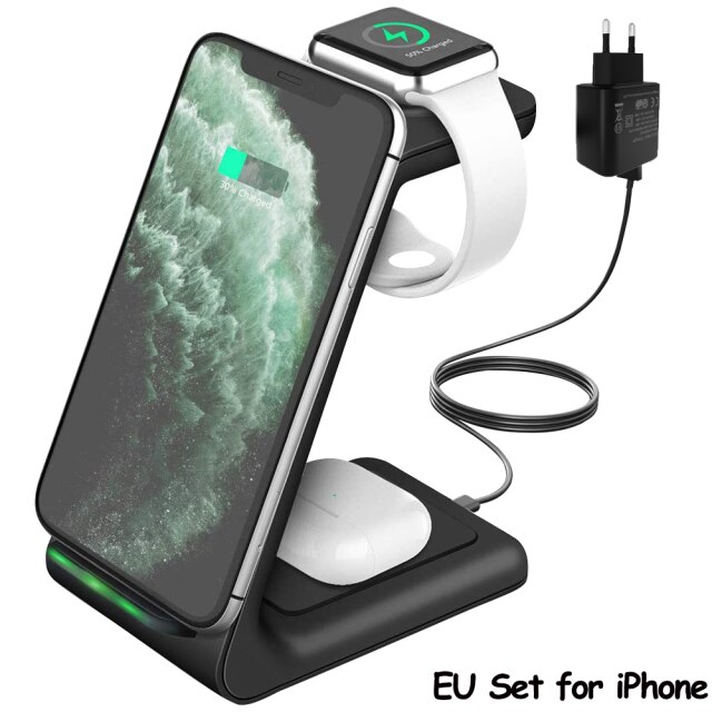 10W Qi Draadloze Snelle Oplader Houder Quick Opladen Stand Type-C 3 In 1 Station Voor Samsung Horloge actieve Galaxy Knoppen IPhone12/11: Black EU For IPhone