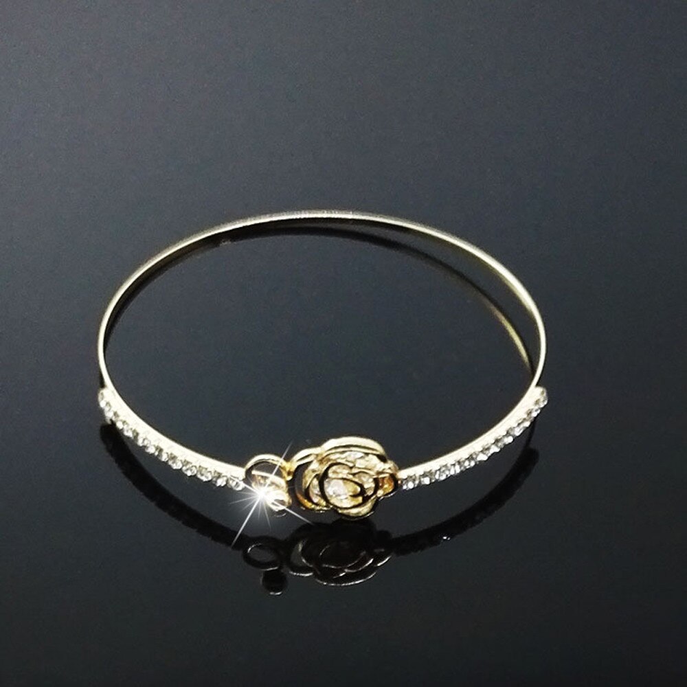 Pulseira de metal da menina de ouro elegante feminino cristal rosa flor pulseira pulseira de punho jóias para o dia dos namorados pulseras