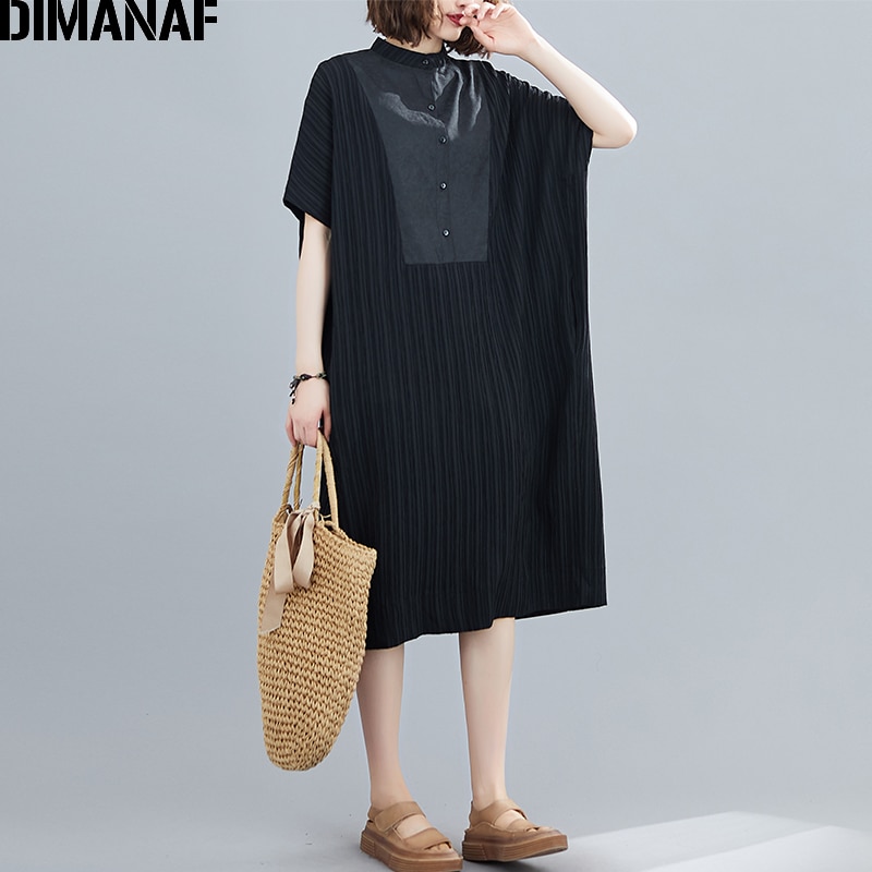 Dimanaf sommer plus størrelse kvinder kjole sundress stribet splejset kvindelig kontor dame vestidos løs afslappet skjortekjole sort