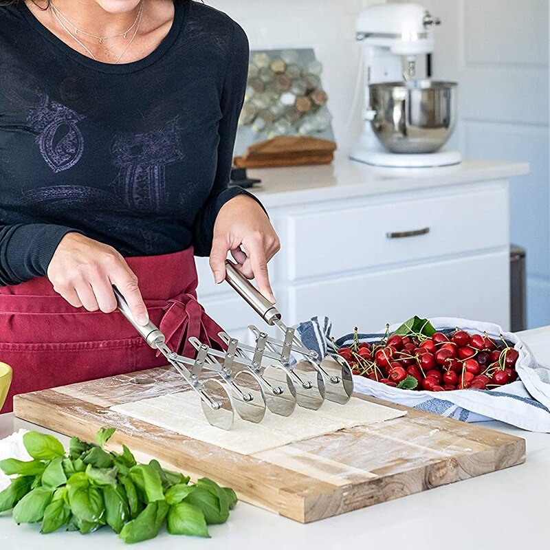 Pastry Cutter 5 Wheel Dough Cutter and Dual Fluted Ravioli Cutter Wheel/Pizza Cutter Wheel Versatile Brownie Cutter