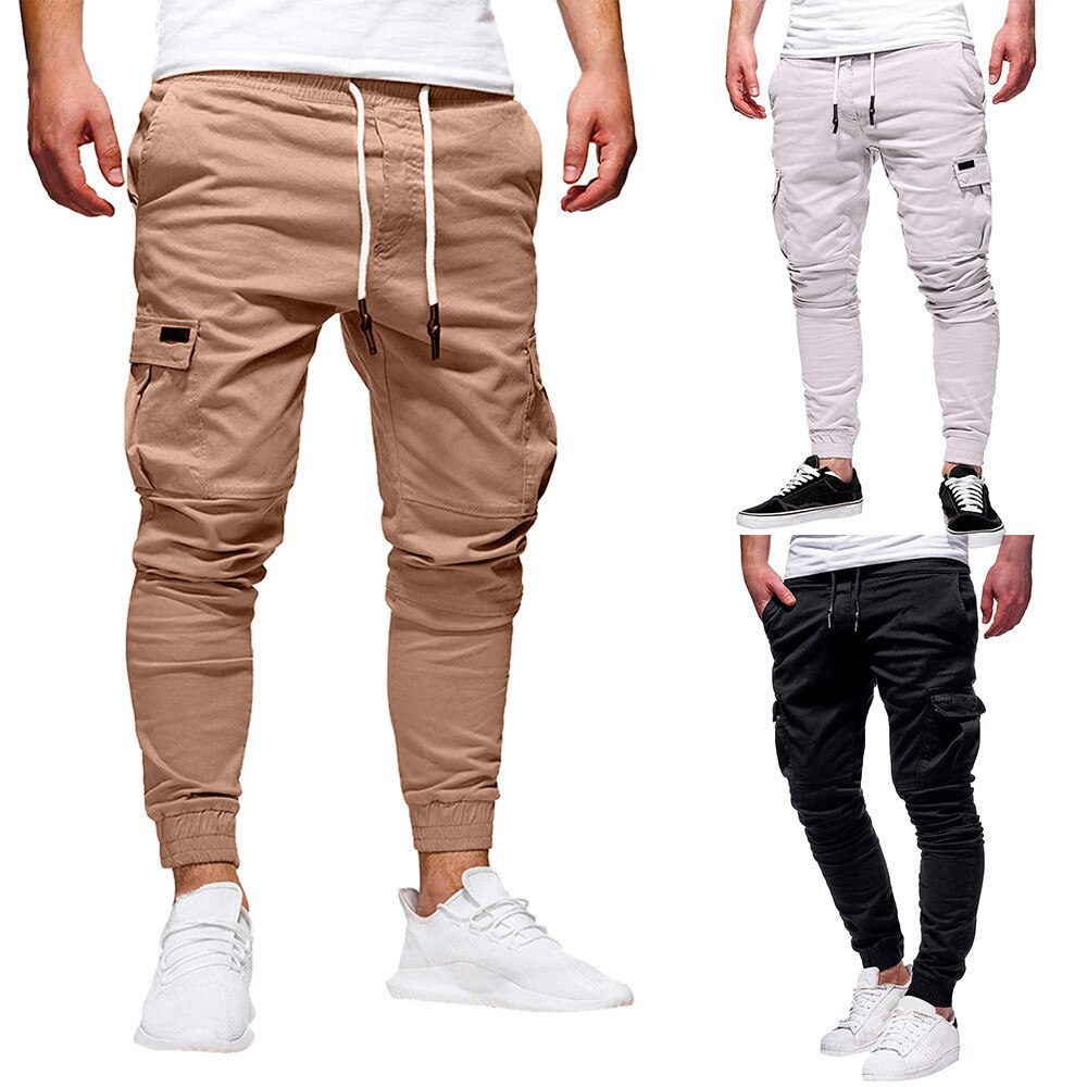 Men's Sport Pure Color Bandage Casual Loose Sweatpants Drawstring Pant: KH / L