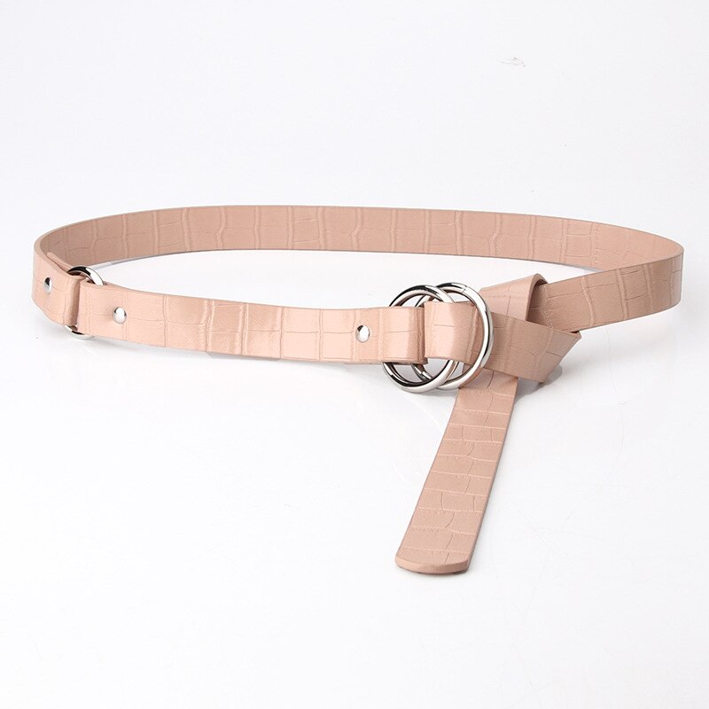 Unique Stone Grain Pu Belt Women Double Ring Thin Belts Female Jeans Dress Waistband Brand 2022: Khaki
