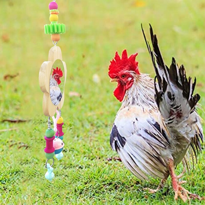 Unbreakable Hanging Bird Mirror Chicken Toys with Bell Wooden Pecking Toy for Chicks Hens Coop