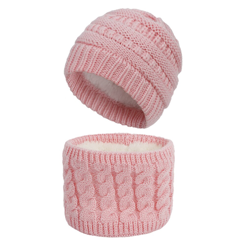Winter Children's Skullies Hat Scarf Set Thick Knitted Kids Two pieces Fluffy Hats Scarf Sets Solid Warm Cap Girls boys Hats: pink