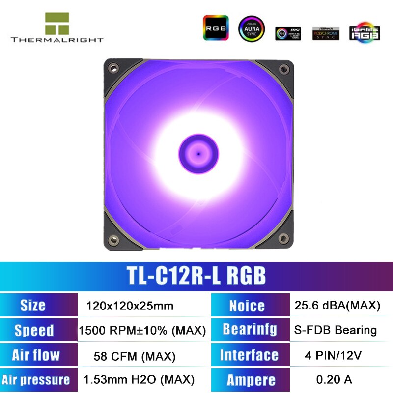 Thermalright 120mm Quiet PWM Fan CPU Cooler Radiator Cooling Fan Reverse Blowing 5V ARGB SYNC PC MOD Computer Case TL-C12RW-S: TL-C12R-L RGB