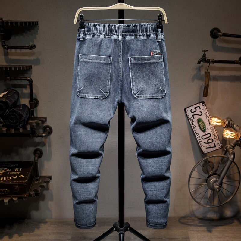 Plus Size 5XL 6XL 7XL Men&#39;s Elastic Waist Baggy Jeans 2022 Spring Denim Work Pants Male Trousers Grey Blue