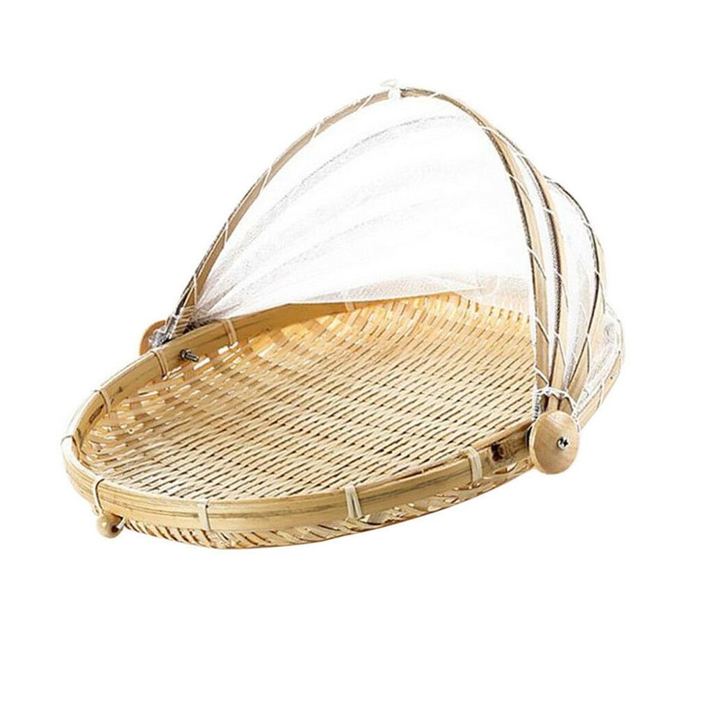 Anti-insect Dustproof Basket Fruit Vegetable Tray Mesh Drying Dustpan Handmade Bamboo Food Storage Basket Picnic basket: S 30cm