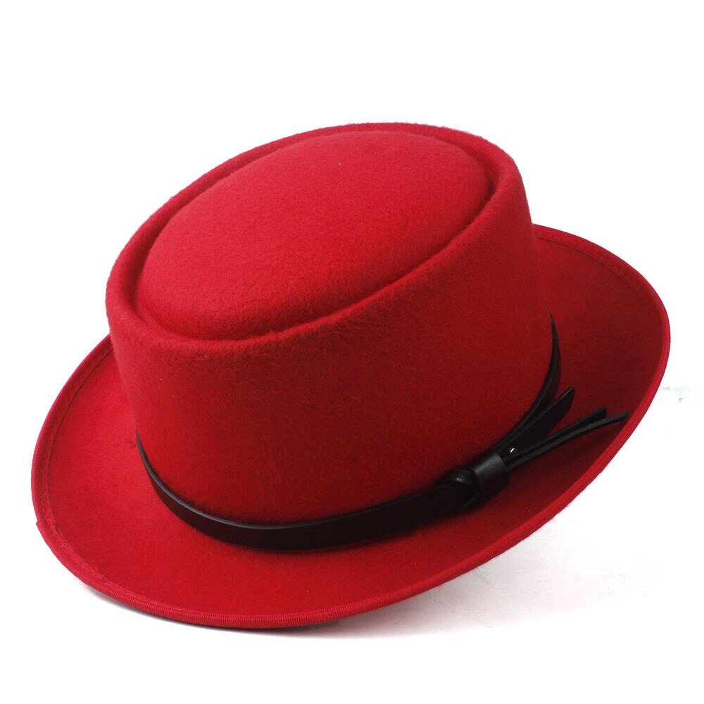 Mode vrouwen Fedora Hoed met Pork Pie Hoed voor Dame Kerk Wolvilt Hoed Kerk Trilby Tovenaar Platte Hoed maat 58cm: Red