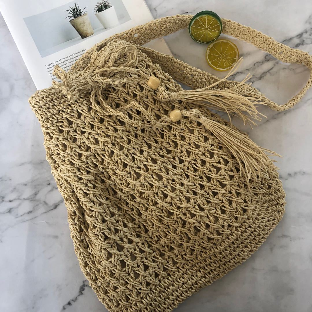 Bucket Hollowed Out Paper Rope Straw Straddling Beach Bag Leisure Women's Messenger Handbags For Women: 1