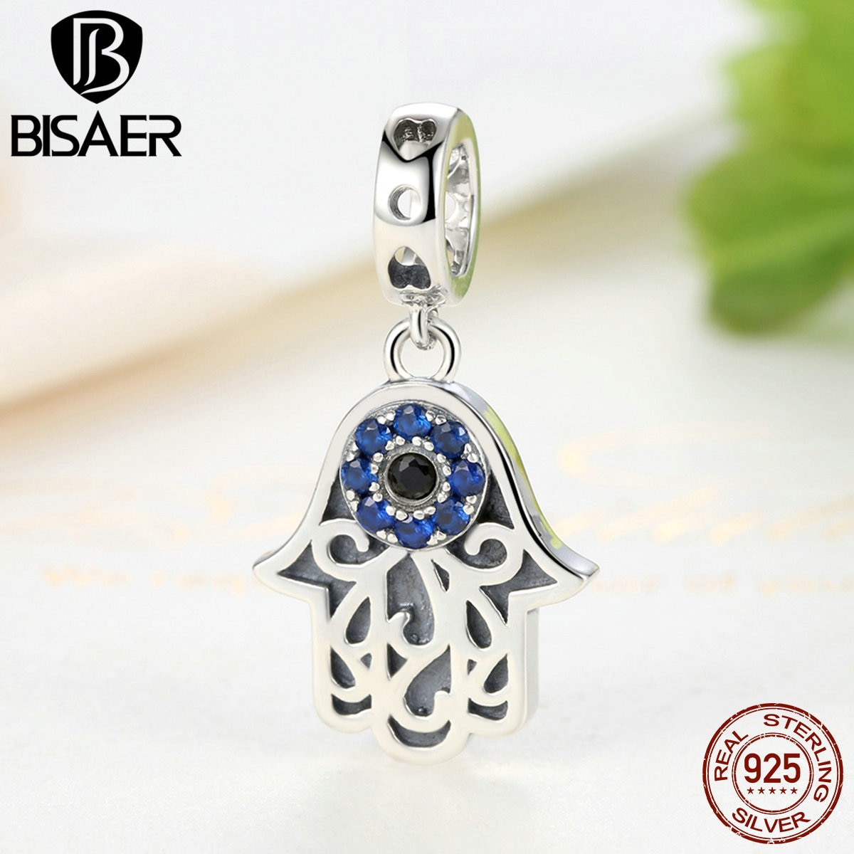 Bisaer 925 Sterling Silver Blue Evil Eye Charms Fatima Hamsa Hand Hanger Charms Fit Originele Armbanden & Bangles Sieraden ECC085