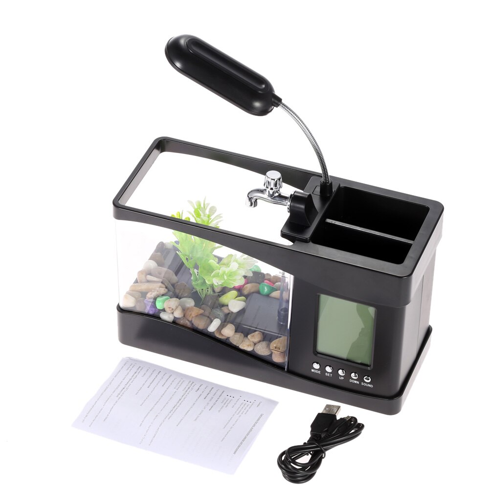 Acuario negro/blanco USB Mini acuario pecera con pantalla de visualización LCD de luz LED para lámpara y reloj acuario pecera