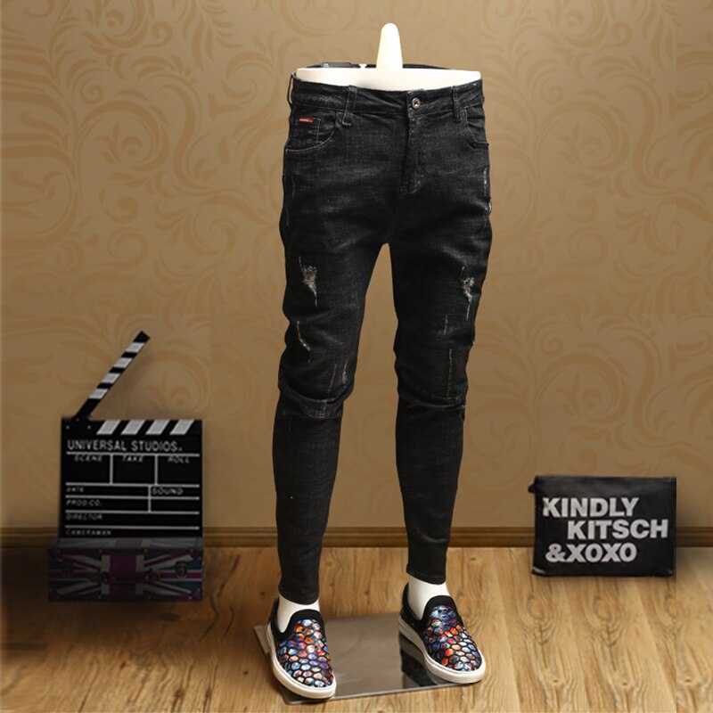 Men Jeans Ripped Slim Fit Black Stretch Pencil Pants for Cowboys Clothing PSMJ69