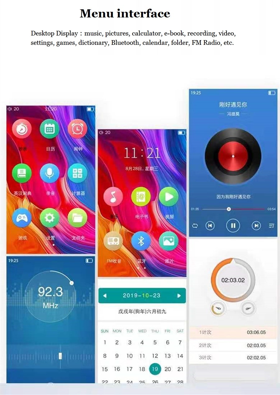 MP4 Player Bluetooth 5.0 Full Touch Screen HD HIFI FM Radio Music 8GB 4 inches MP4 MP5 Player Support VideoTF Card With Speaker