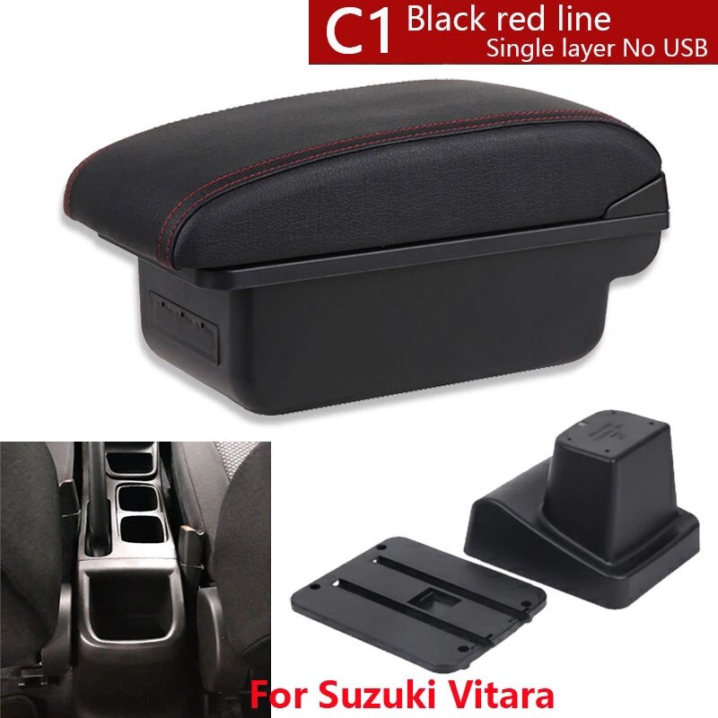Dla Suzuki Vitara podłokietnik części robić modernizacji dedykowany podłokietnik samochdoowy centrum pudełko robić przechowywania samochód akcesoria wnętrze USB łatwy w instalacji: C1 czarny czerwony nie USB