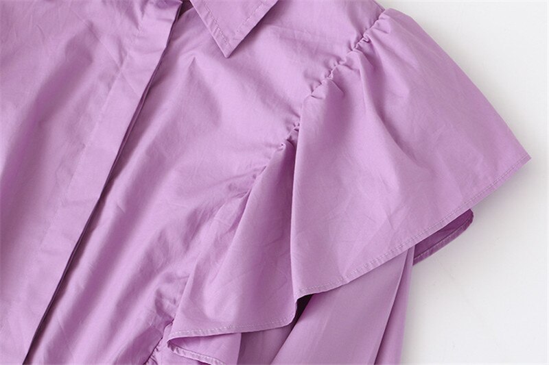 Hsa kvinner sommer poplin bluser langermet turn-dowm krage skjorte topper ensfarget knapp elegant volang bluse