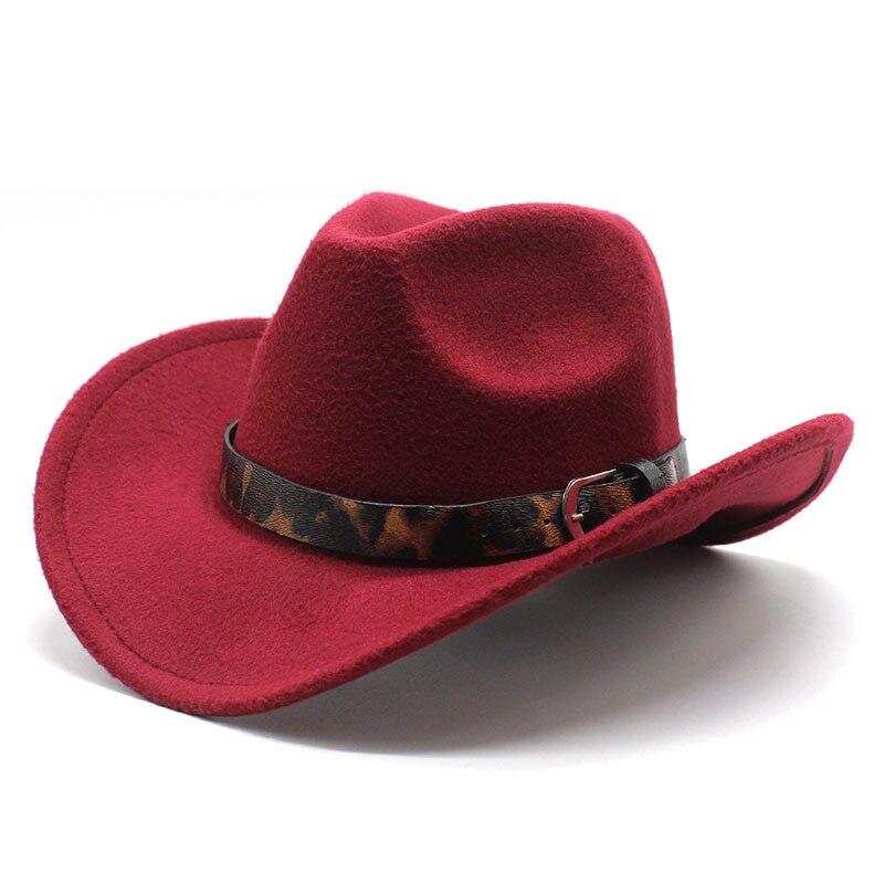 Winter Retro Fedora Hoed Voor Vrouwen Mannen Western Cowboyhoed Paardensport Cowgirl Cap Stijve Breed Brimw Ster Lederen Band: Wine red