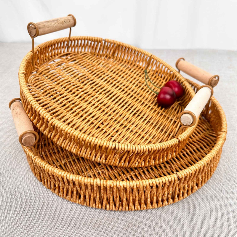 Cestas de mimbre tejidas de imitación de plástico para pan, fruta, verdura, restaurante, mesa para servir, cesta de almacenamiento redonda de ratán