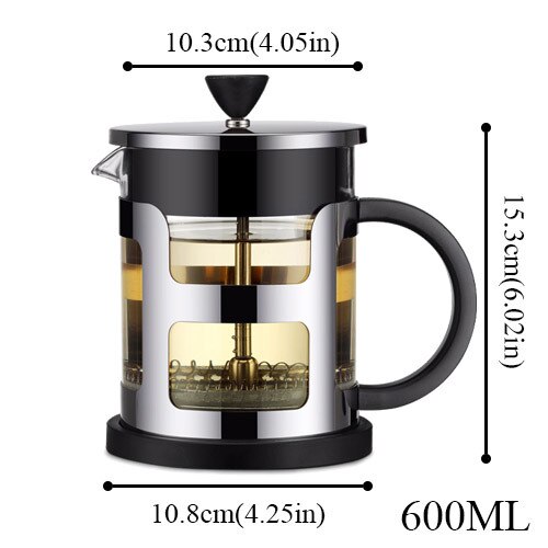1000/600ml fransk press kaffekanna av rostfritt stål glas tekanna med te sil filter vattenkokare tekannor kaffemaskin: 600 ml svart