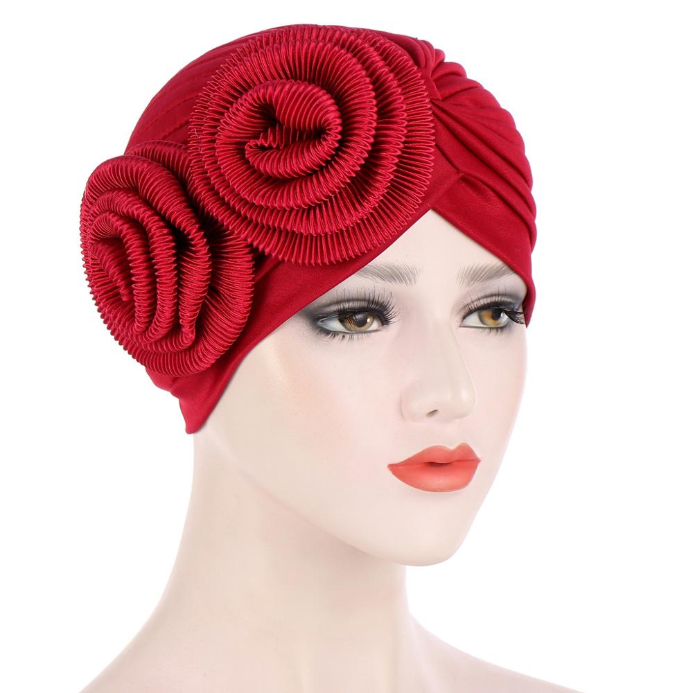 Arab Muslim Head Turban Hat Two Big Flower Appliques Indian Women Headscarf Party Caps Head Accessories TB-203: wine red