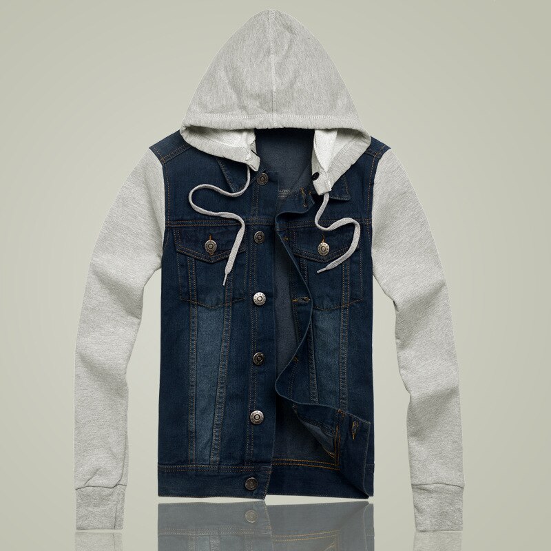 Höst herrjacka jeansjacka med huva jeans sweatshirt ärm jeansjacka!: Mörkblå / 4xl
