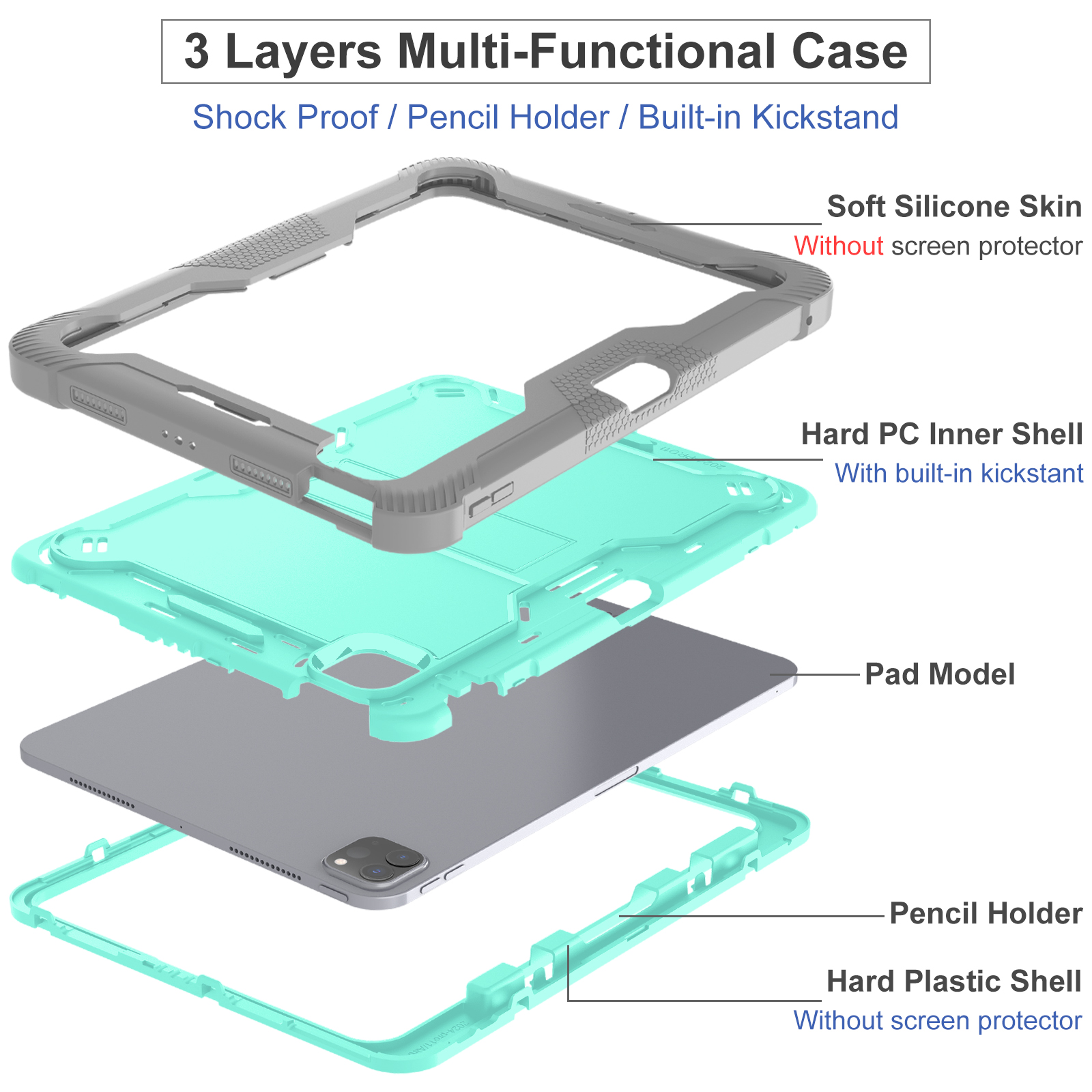 Stødsikkert til ipad air 11 pro 11 3-- lags multifunktionelt cover til air 4 air 5 a2588 a2589 a2591 a 2072 a2316 a2324