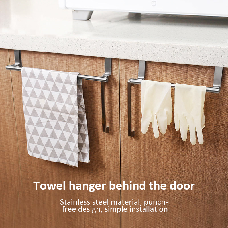 Over Door Stainless Steel Single-bar Towel Rack Bathroom Kitchen Non-perforated Towel Rail Rag Rack Shelf Hanger Hanger