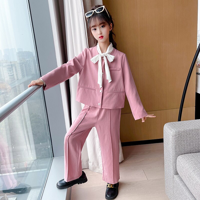 Abito da ragazza primavera 2022 blazer rosa pantaloni larghi a dovuto pezzi impostato di abbigliamento per bambini abiti casuale per bambini allentati per bambini