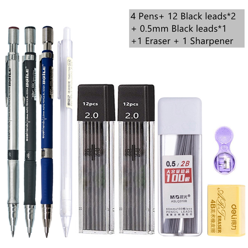 Mechanical Pencil Set 2.0 mm with 2B Black/Colors Lead Refill For Writing Sketching Art Drawing Painting School Automatic Pencil: Mixed Color