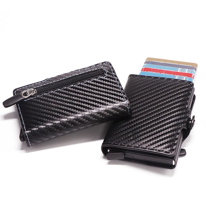 Credit Kaarthouder Aluminium Doos Card Portemonnee Rfid Pu Leer Pop Up Card Case Magneet Carbon Fiber Coin portemonnee