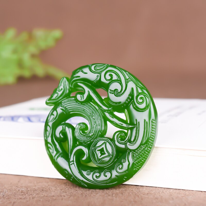 Natuurlijke Groene Hand-Gesneden Antieke Jade Hanger Sieraden Ketting Dragon En Phoenix Gunstige Hanger Dragon Hollow Jade Hanger