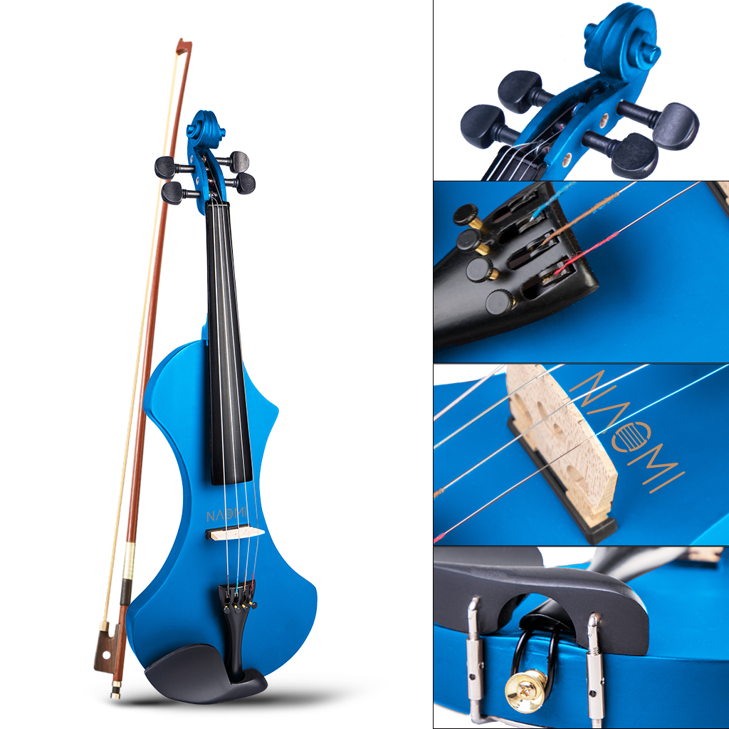 4/4 Size Blue Electric Violin Kit W/ Brazilwood Bow+Rosin+ Audio Cable+ Canvas Case Unique Silent Electric Violin