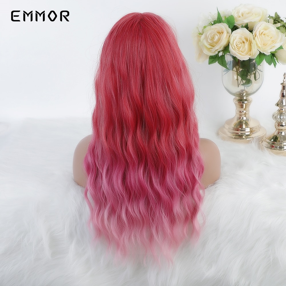 Emmor lange roze ombre watergolf synthetische haarpruiken met pony, hoge temperatuur vezel, kleurrijke cosplaypruik voor coole meiden